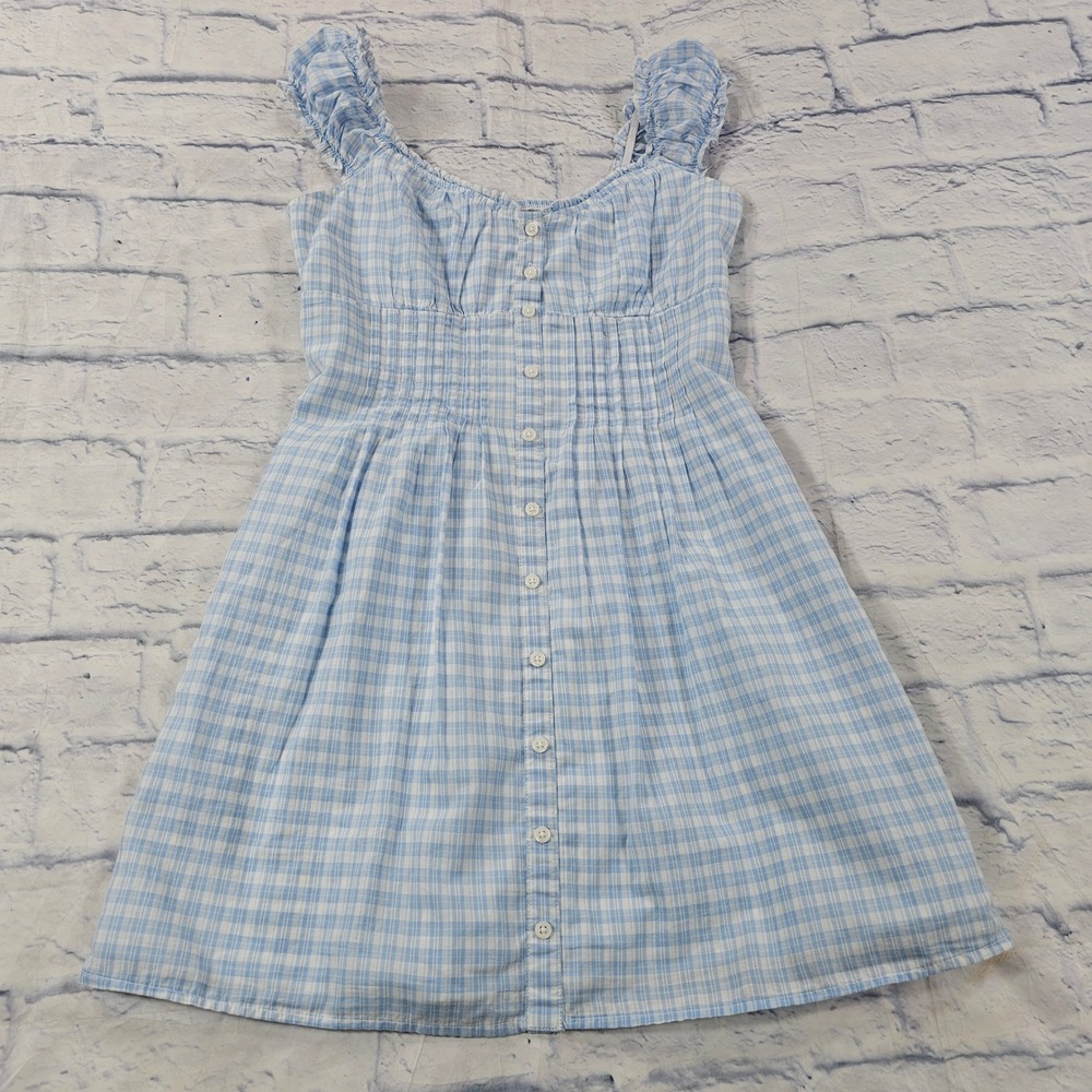 Hollister Mini Dress Womens S Blue Gingham Ruffle Smocked Pockets